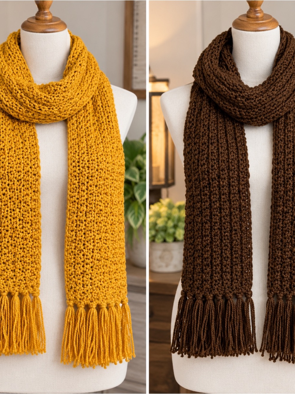 Cozy Knit Fringe Scarf - Mustard Yellow & Chocolate Brown